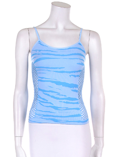 Front view of blue tiger pattern top.
